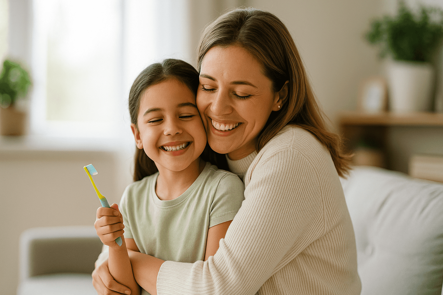 A woman and a little girl embrace each other warmly, sharing a moment of affection and connection.