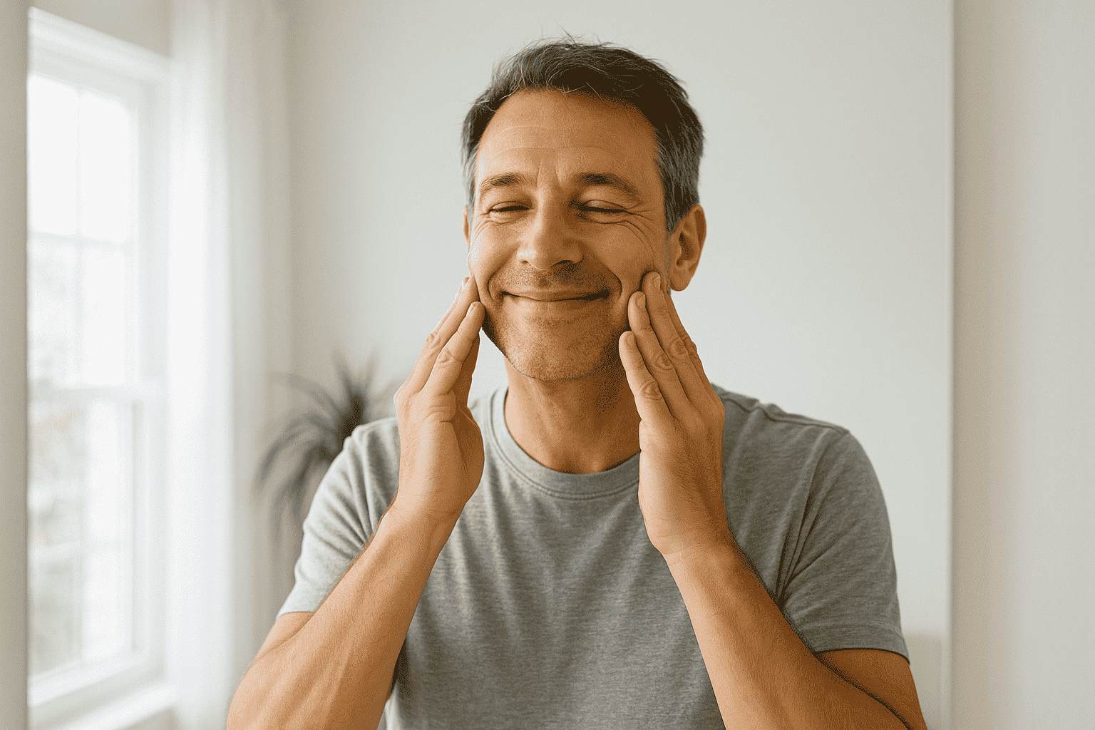 A smiling man gently touches his face, conveying a sense of happiness and contentment.